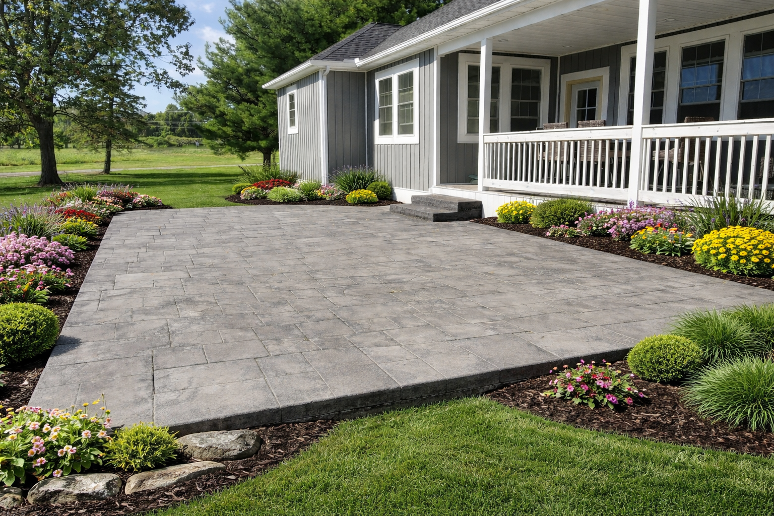 Stamped patio with landscaping